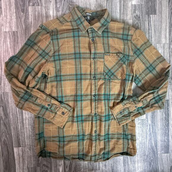 Volcom Modern Fit Flannel Shirt XL Brown Green Plaid Long Sleeve Casual Skate - Picture 1 of 6